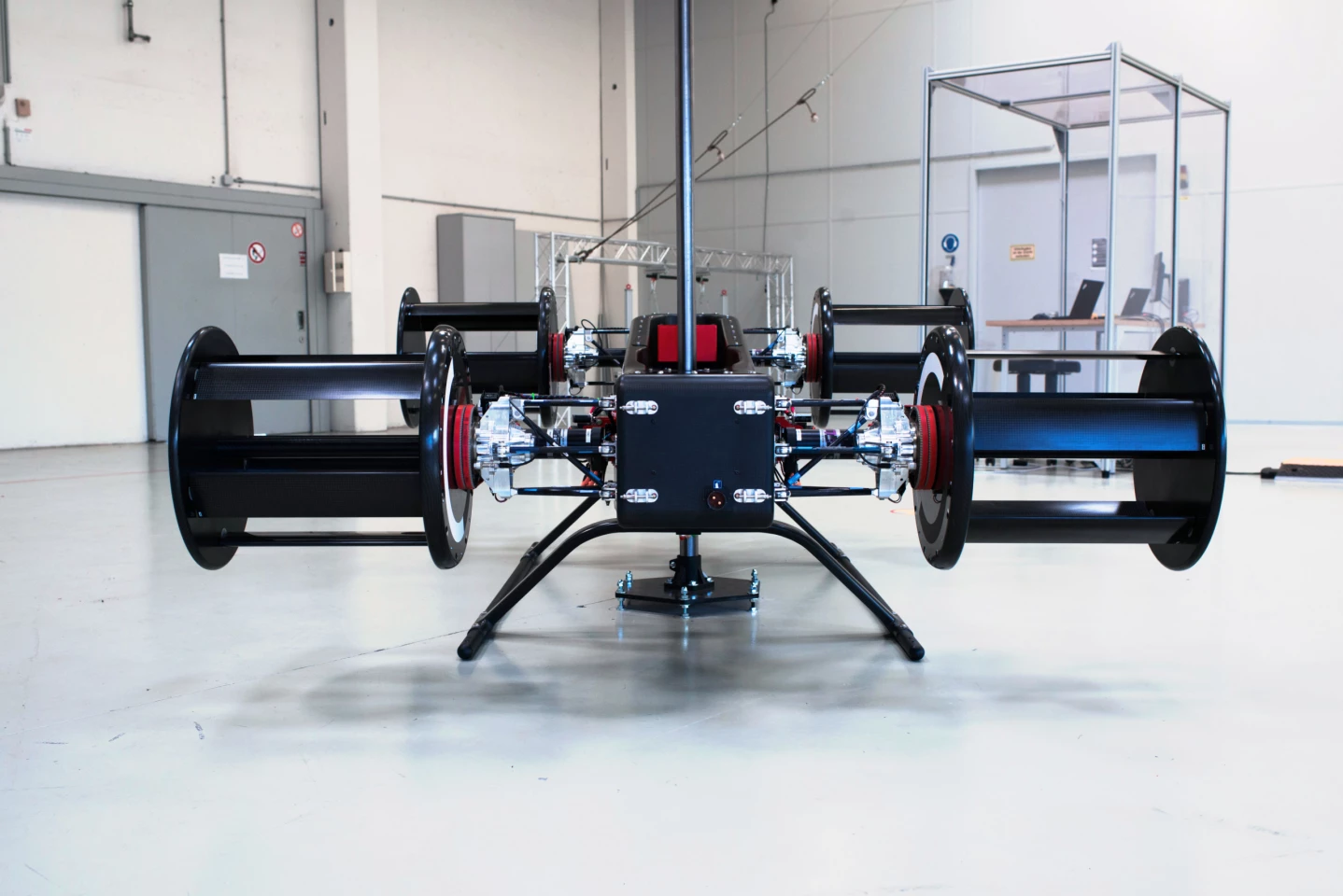 Cyclotech's 83 kg technology demonstrator aircraft, set up for thrust testing on a vertical pole