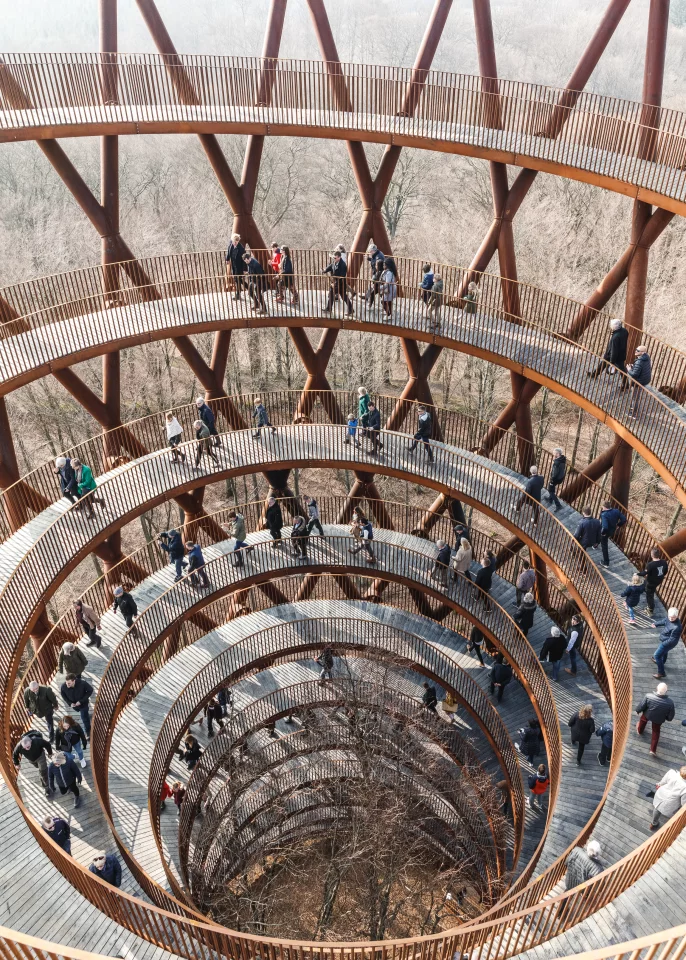 Unlike the somewhat similar Vessel, in New York City, the Camp Adventure Tower is navigated via a long ramp, rather than stairs