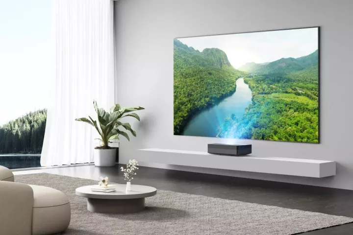 The Thor T50 Laser TV can throw 80-inch corner-to-corner visuals from 4 inches away from the display surface, or 150 inches from 25.9 inches away