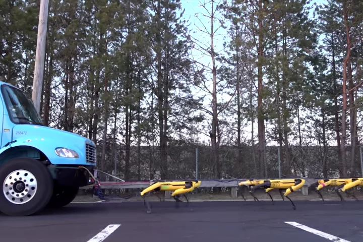 Ten SpotMini bots have been shown to have the strength to pull a small truck