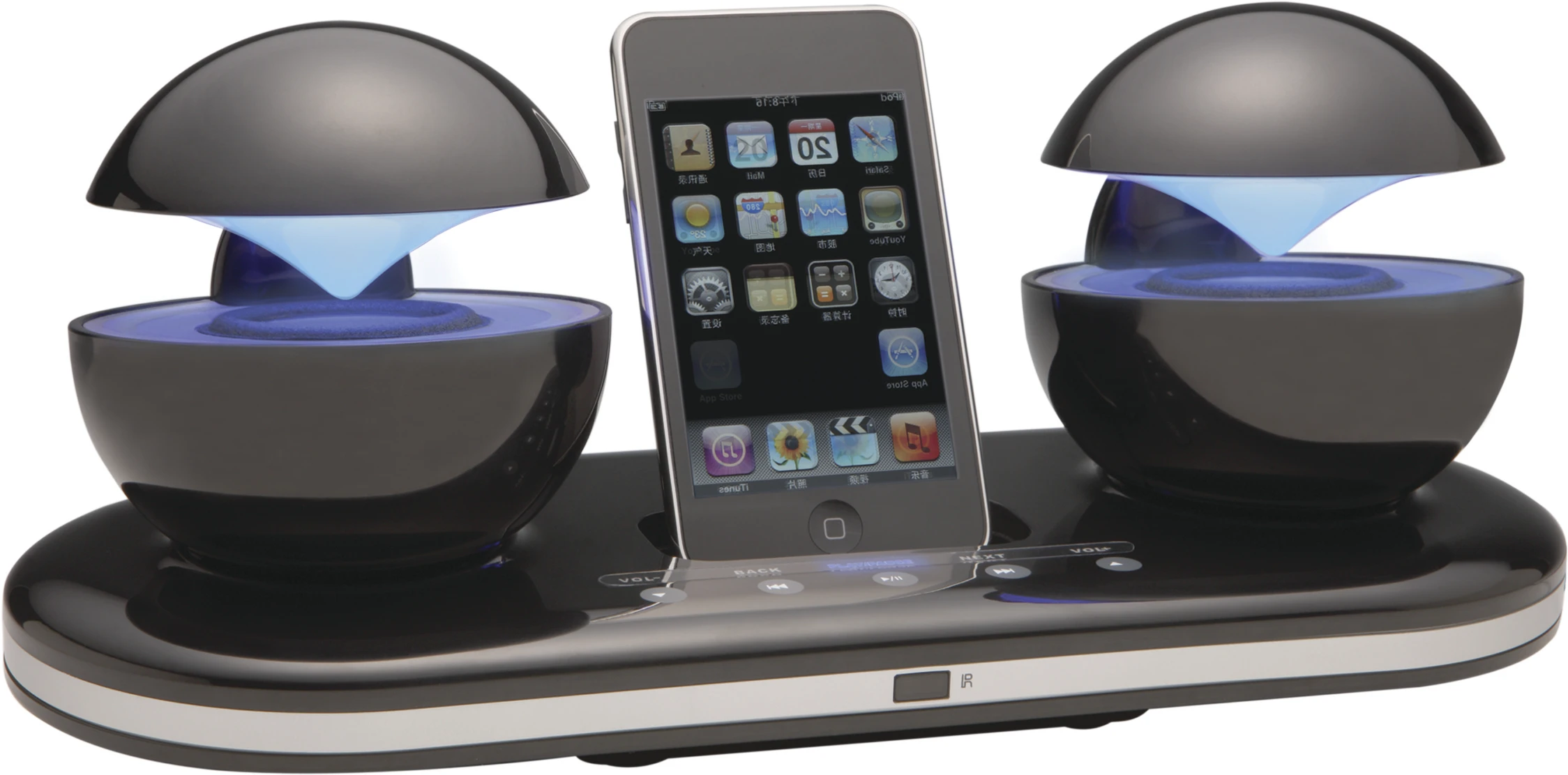 The iCrystal iPod docking station features futuristic illuminated spheres