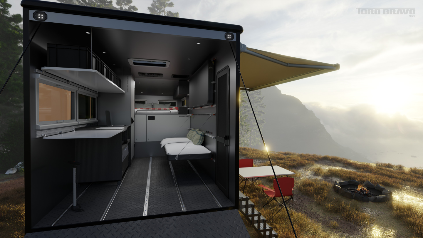 Fold-down beds, tables, chairs and other modules mount to the tie-down track to create a camper interior that can clear the way for bikes, power toys and other cargo