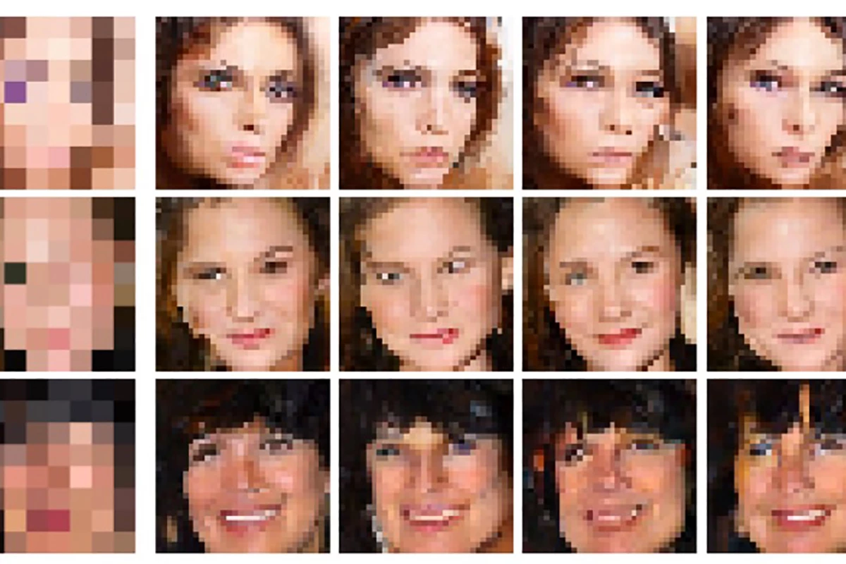 From the 8x8 picture on the left, the Google Brain team's algorithm generated the next four 32x32 photos as possible options.