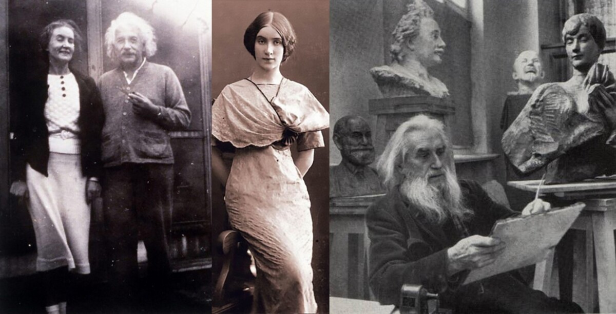 Margerita Konenkova was a former lawyer who spoke five languages and lived in Greenwich Village with her husband, Russian Realist sculptor, Sergei Konenkova, sometimes referred to as the "Russian Rodin." They were introduced by Einstein's wife Elsa, and the couples became friends, with Sergei producing a famous sculpture of Einstein (above right with a sculpture of Margerita top right in the photo). Many years later, it became known that Margerita Konenkova was a Russian spy.