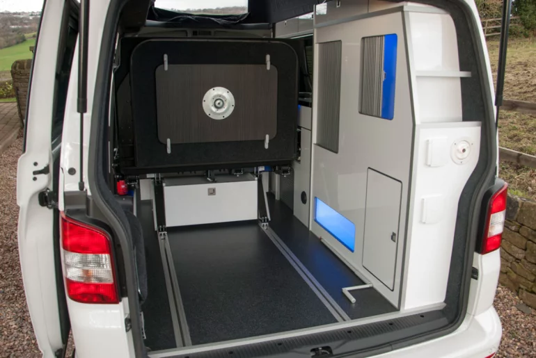 Volksleisure's full-length sliding bench opens plenty of space for gear and tools