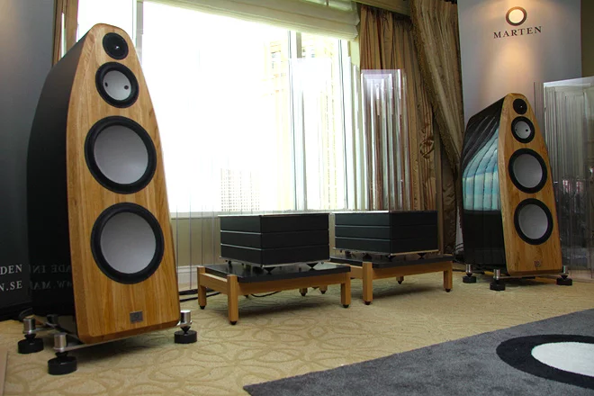 The M-Amp Mono Power Amplifiers in the Marten room at CES 2011, seen here with the company's Coltrane 2 speakers
