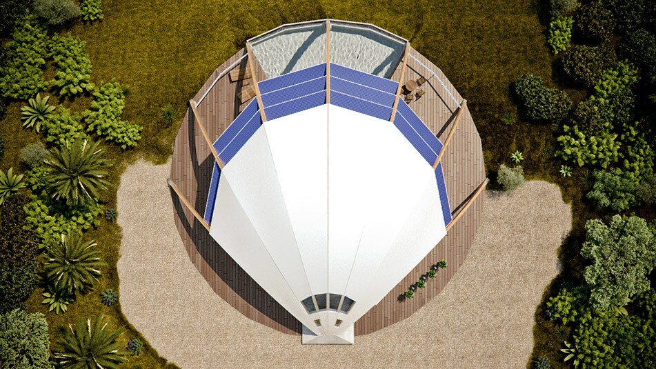 A rainwater storage tank sits at the base of the northern pillar