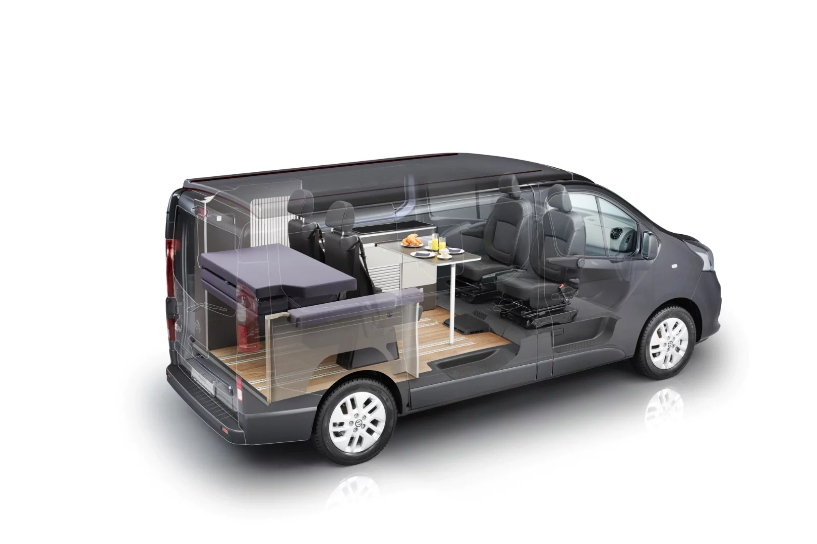 A look at a traditional four-seat camper van layout