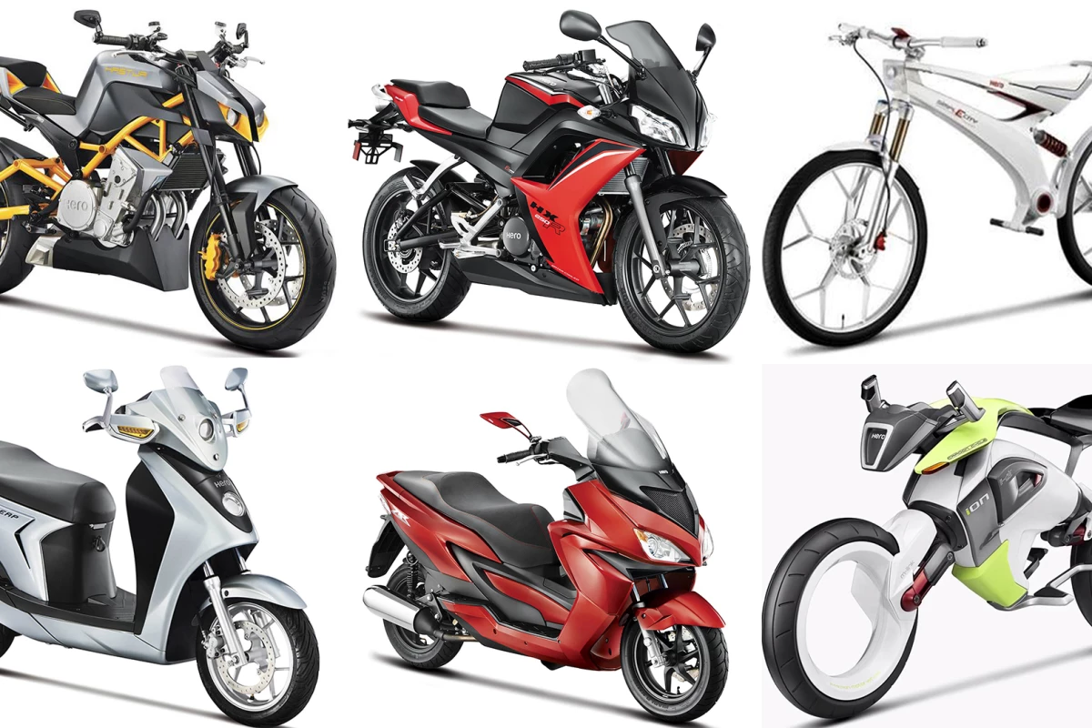 Clockwise from top left: The featherweight Hastur 620cc Streetfighter; lightweight 250cc HX250R sports bike; 35 kg SimplECity urban electric motorcycle; 100 kg "ion" fuel cell prototype with two-wheel-drive, hubless maglev wheels, collision detection & avoidance, telematics, Lithium-Air batteries and futuristic M-Link suspension; ZIR superscooter; LEAP Serial hybrid scooter, world's most fuel-efficient scooter with 200 mpg (U.S.) and 240 mpg (imp) PLUS electric. Not pictured is the RNT hybrid turbo-diesel-electric prototype we covered last week. Exciting times indeed!