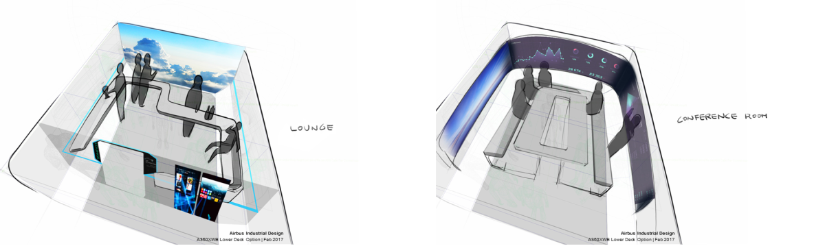 The Airbus concept includes the potential for conference room facilities, complete with wraparound wall screens, tucked away below deck