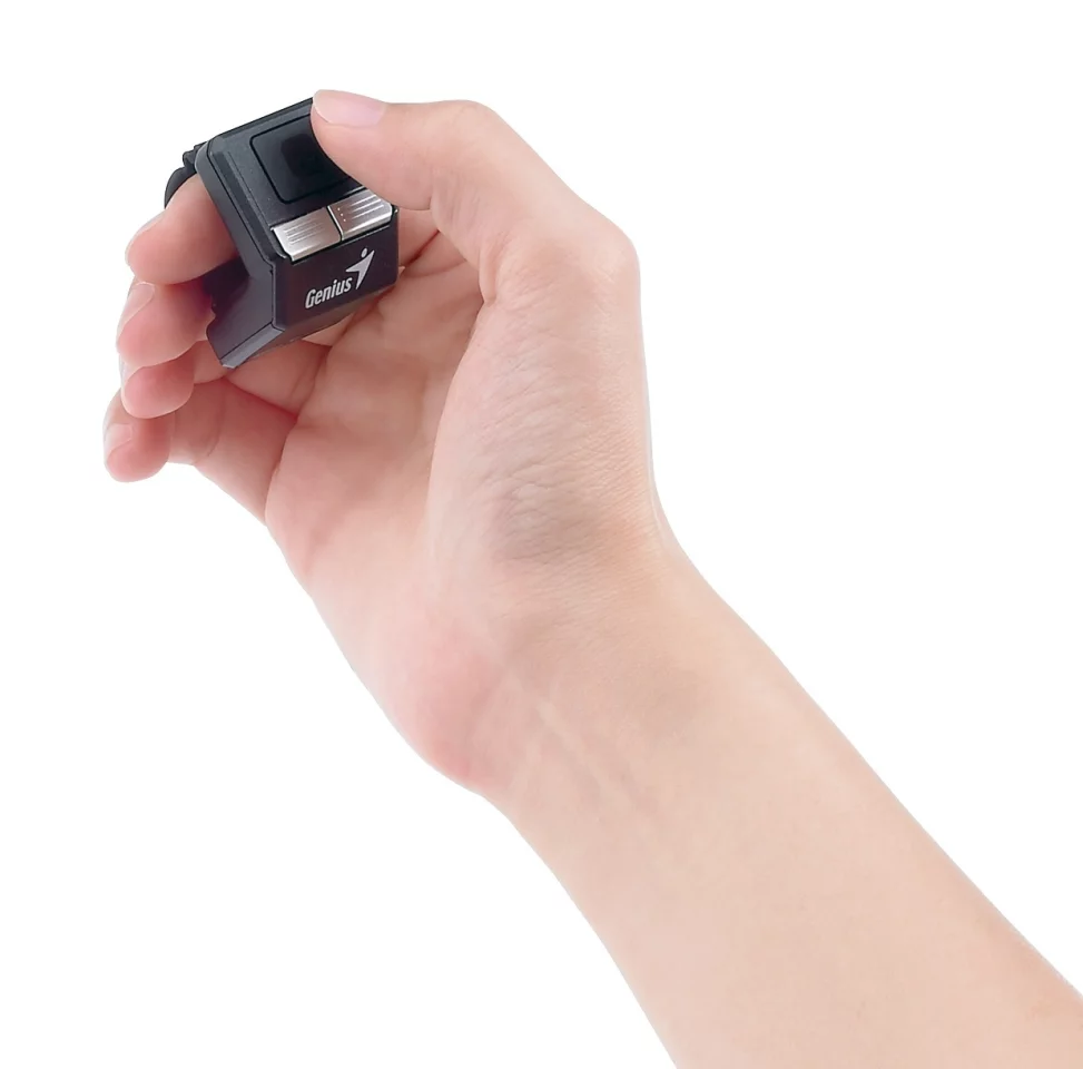 The Genius Ring Mouse is worn on the index finger and controlled with the thumb