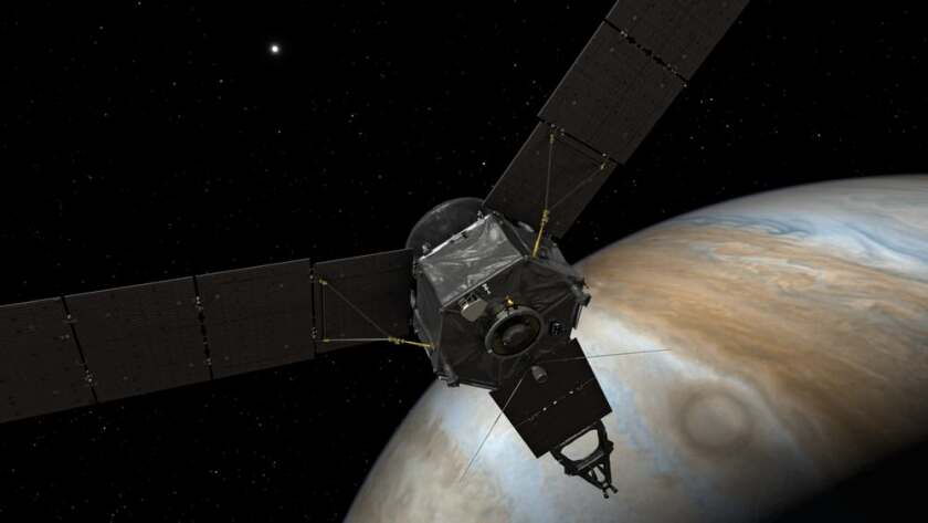An artist's depiction of Juno in orbit above Jupiter