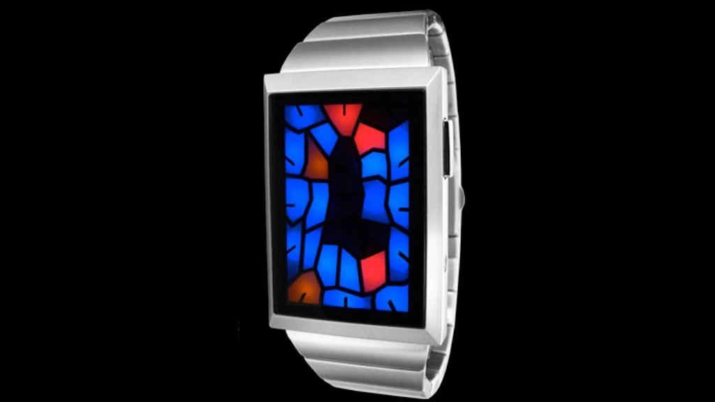 Tokyoflash Broke watch with stained-glass window-like display - pictured watch's time is 1:24