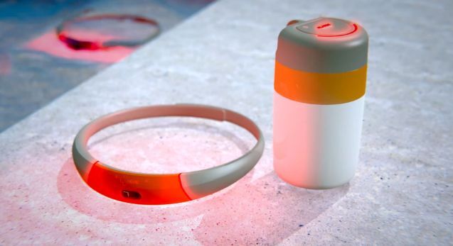 If a SwimBand remains submerged too long, then sound, light and vibrating alarms go off on the other bands and the hub