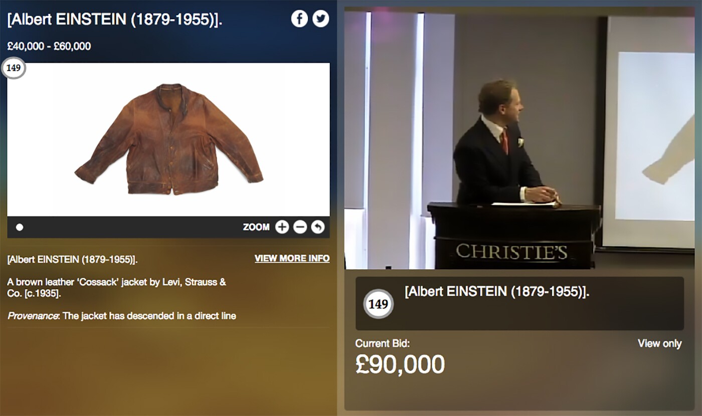 Einstein's leather jacket doubled it's auction estimate of £40,000 to £60,000, selling for USD$145,974.