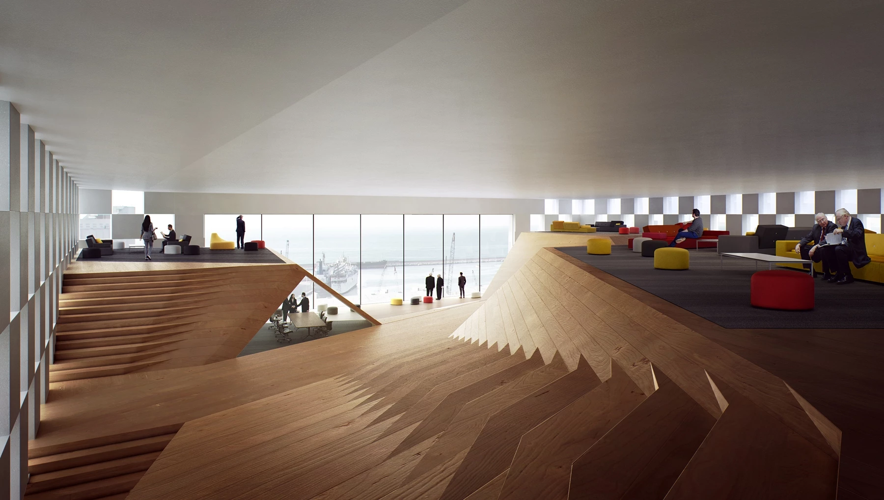 Workspaces in the private, administrative portion of the building are focused around the exterior terraces