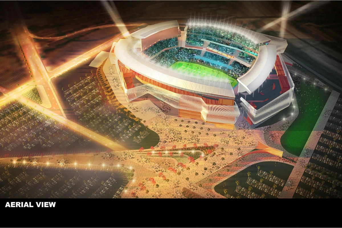 The stadium features a "kinetic skin" that moves when the wind blows, recreating the sound of the ocean