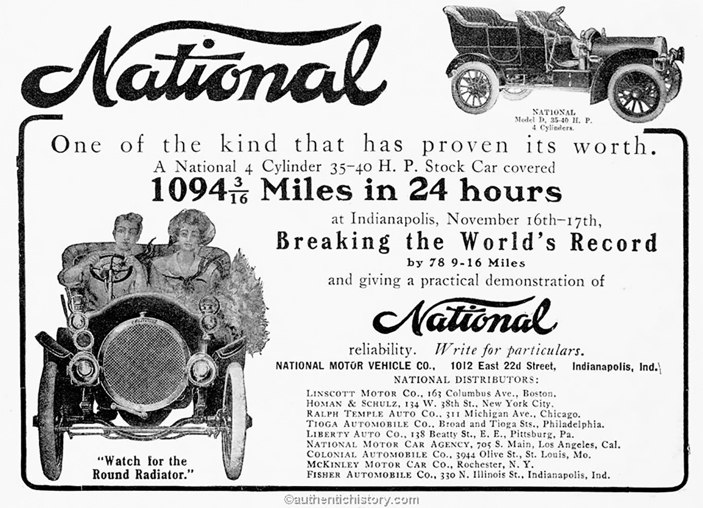On 17 November, 1905, two National Model C cars began the 24 hour, driven by W. F. "Jap" Clemens and Charlie Merz. Clemens crashed while six laps in the lead at the 150 mile mark, and was immediately drafted into rotating with Merz. The time for the 1000 miles was 21:58:00.8 and the new world's 24-hour distance record was set at 1,094.56 miles.