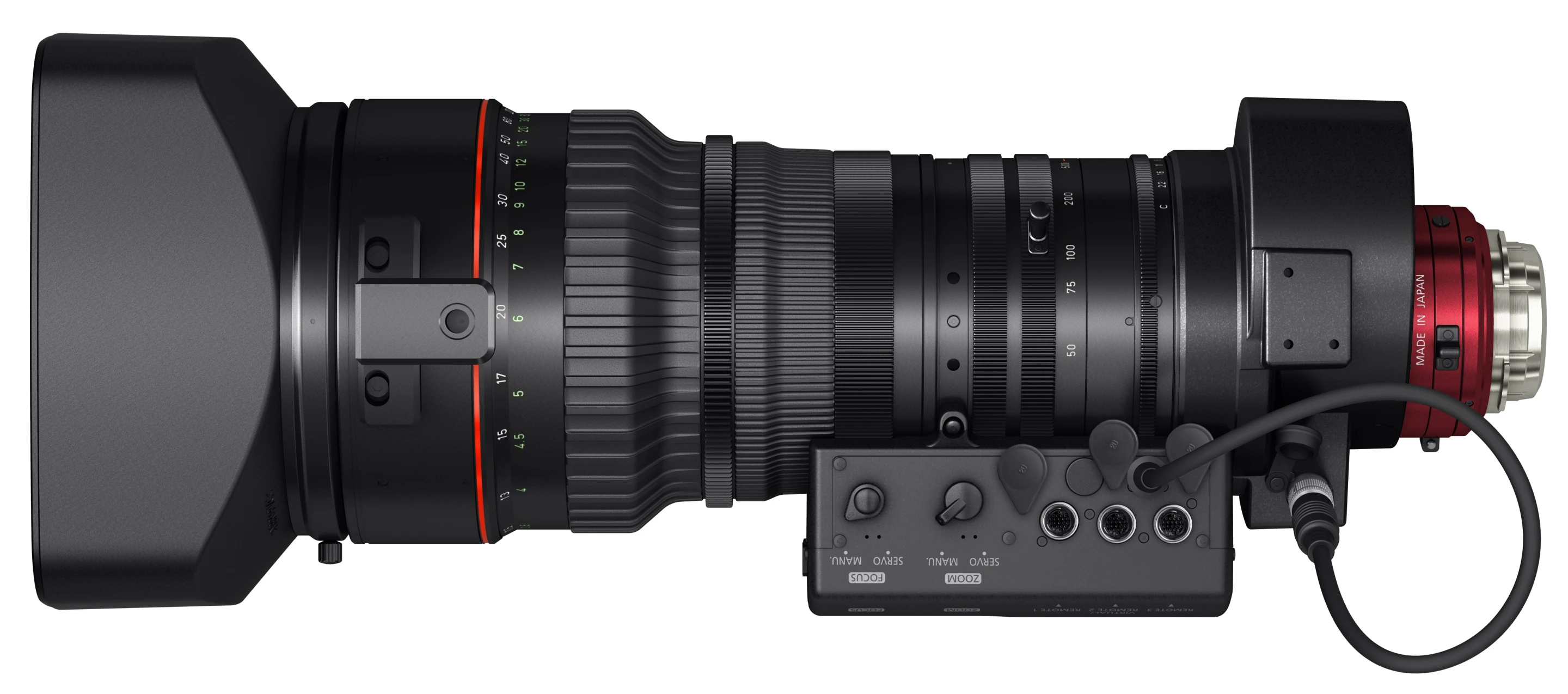 The Canon CN20x50 cine-servo lens features broadcast standard connections