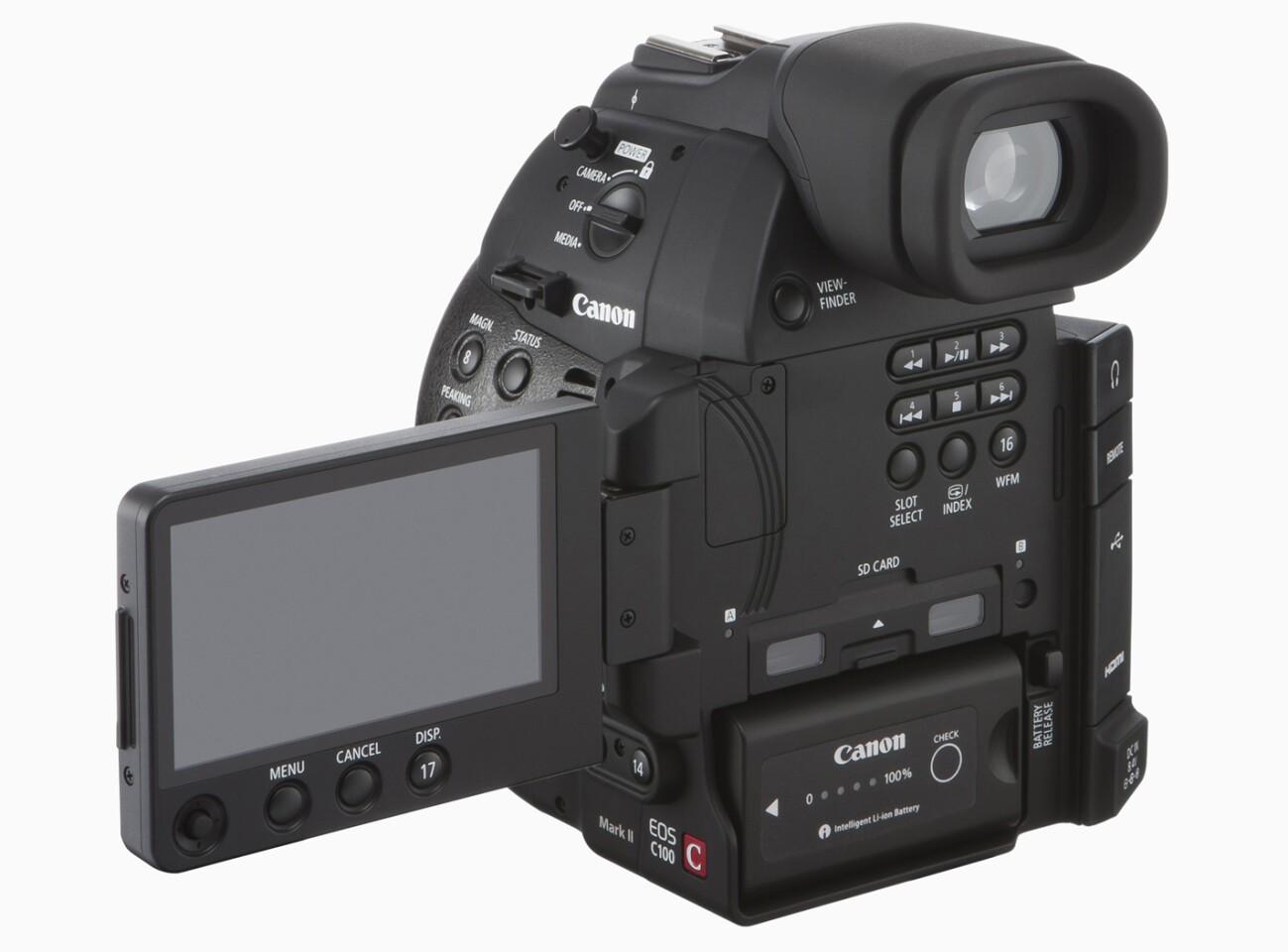 The OLED monitor on the Canon EOS C100 Mark II measures 3.5-inch
