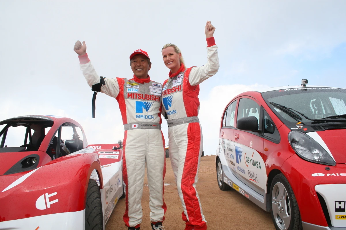 Hiroshi Masuoka drove the i-Miev Evolution, and Beccy Gordon drove the i-Miev