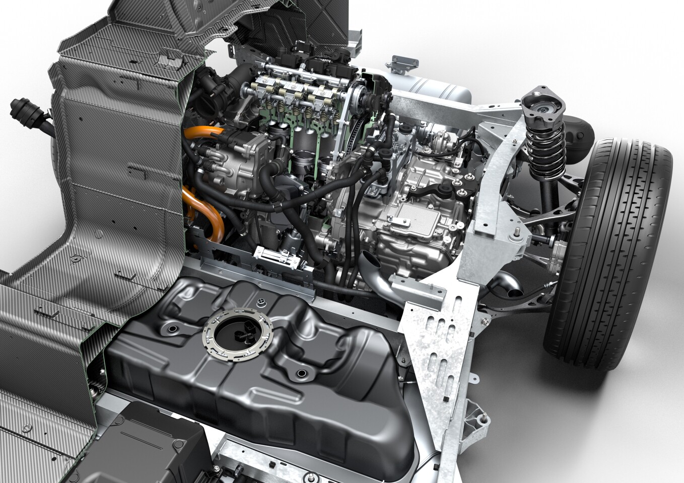 To the rear of the i8, you'll find a 3-cylinder turbo petrol engine and fuel tank
