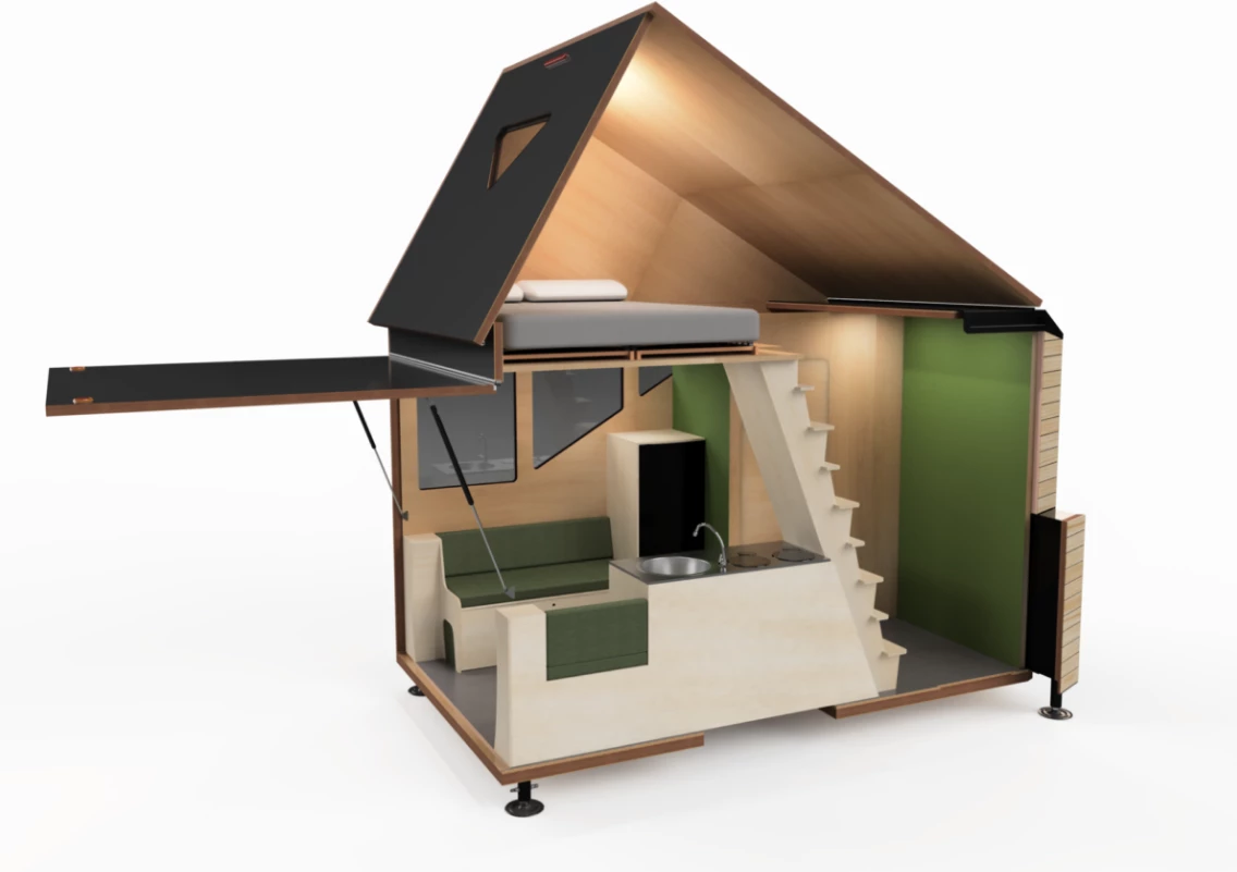 The Opperland expands to create a sleeping loft above the lower lower living area with compact staircase