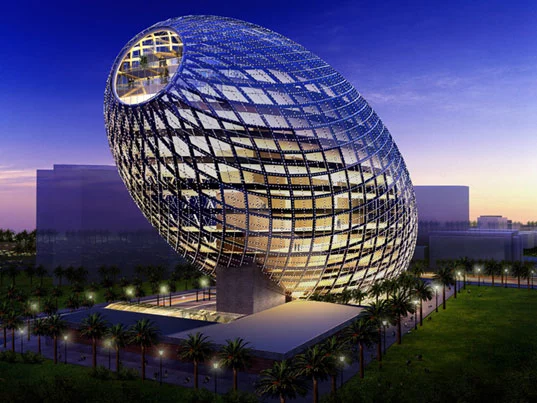 The Cybertecture Egg, designed by James Law, is a high-tech office building in Mumbai