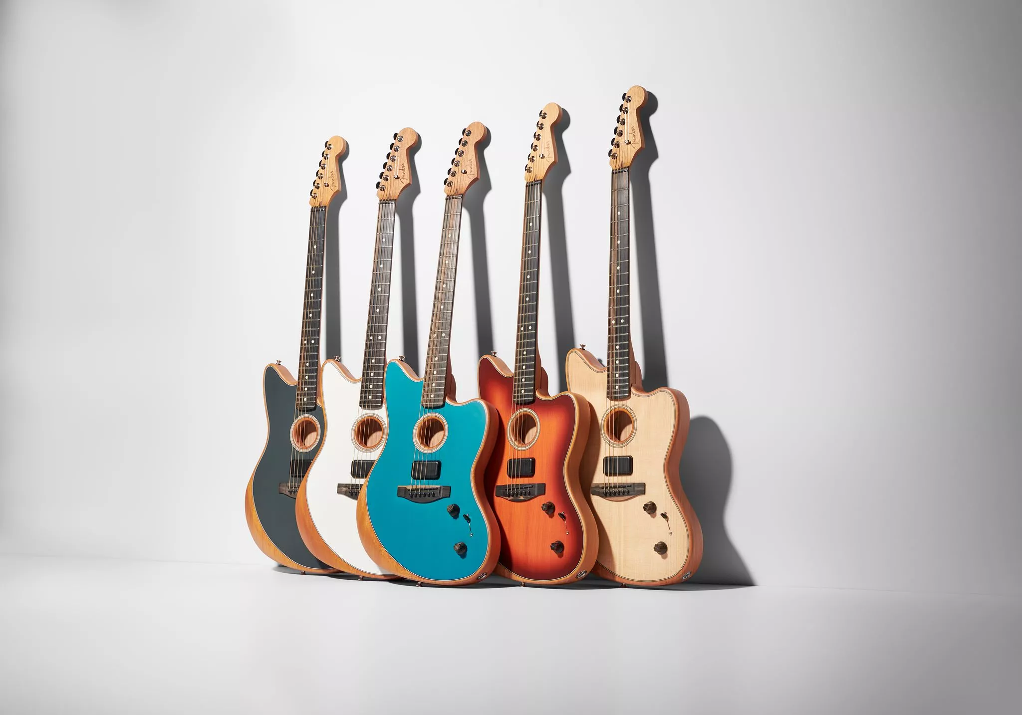 The five-finish range of the standard Acoustasonic Jazzmaster guitars