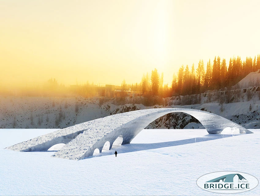 The da Vinci Bridge in Ice will be built using a mixture of ice reinforced with wood or paper fibers, known as "pykrete"