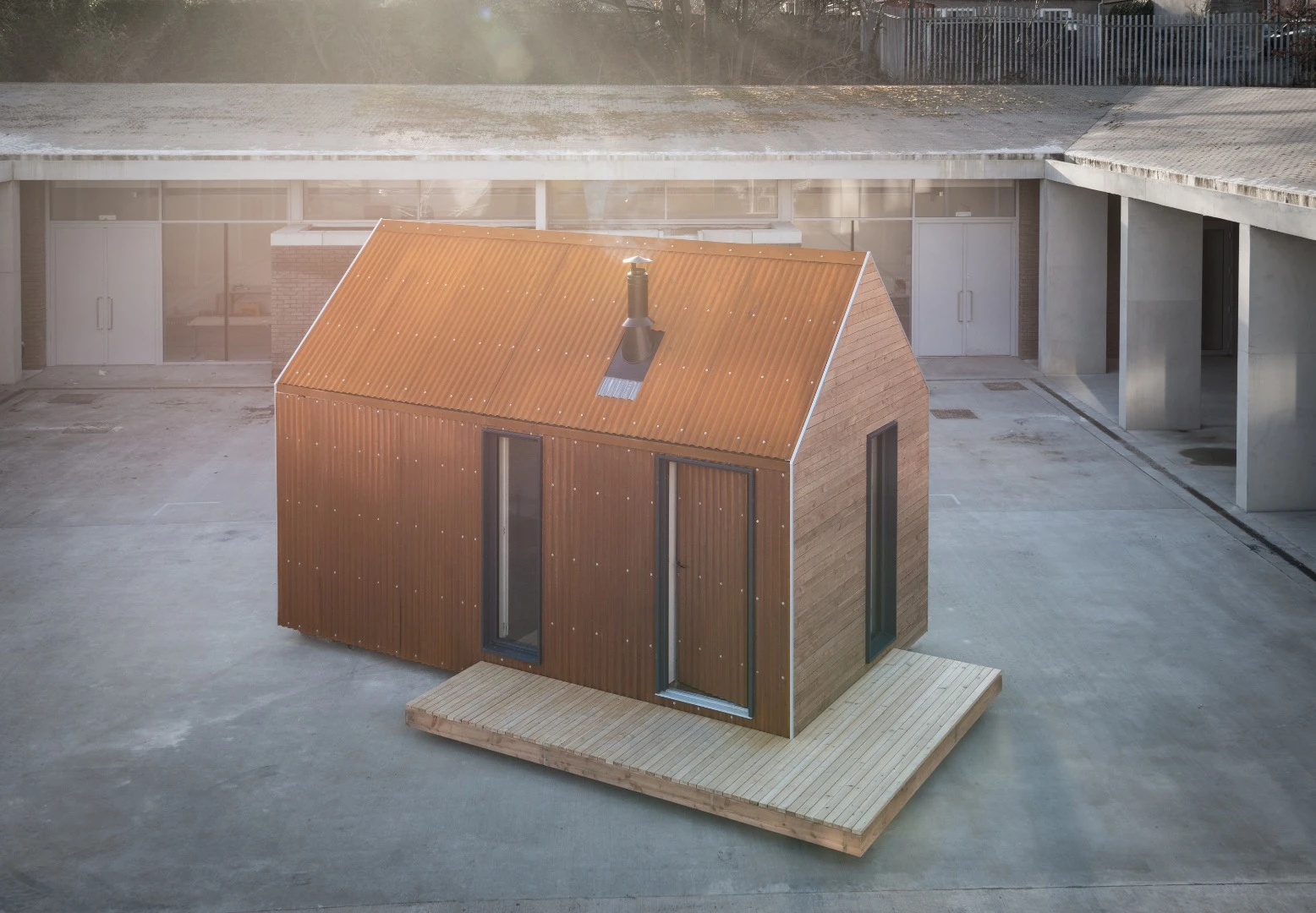 The Artist Bothy is clad in corrugated corten steel, which offers a patina look