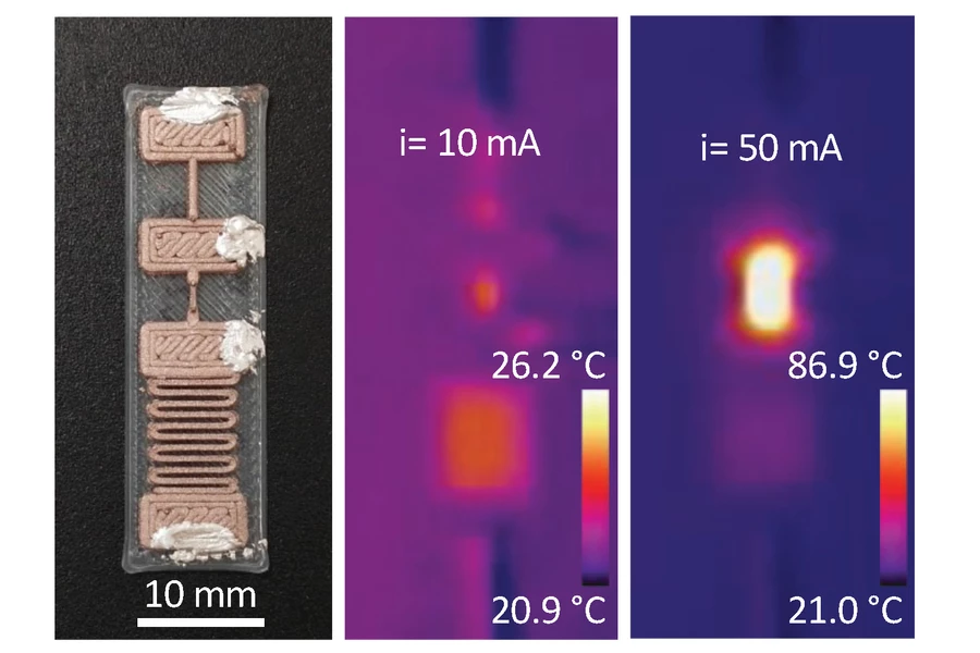 A close-up of the 3D-printed devices, made from thin traces of the copper-doped polymer