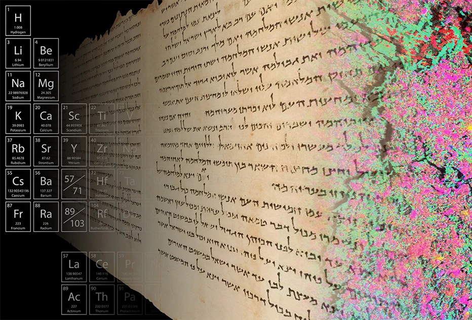 High-resolution mapping of the distribution of elements in a sample from the 2,000-year-old Temple Scroll, as shown by the colors at the right of this image, is providing insight into the scroll's ancient fabrication method