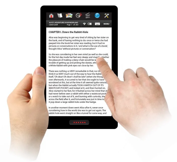 The 7 inch color touchscreen display benefits from adjustable font sizes for reading comfort