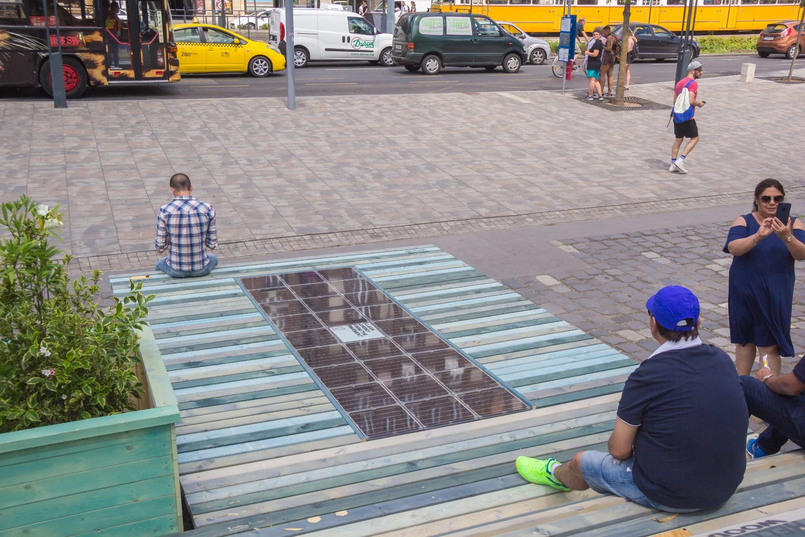 A collaboration with Hello Wood has resulted in panels installed in curvy public benching at a pop-up park in Platio's home city of Budapest in Hungary