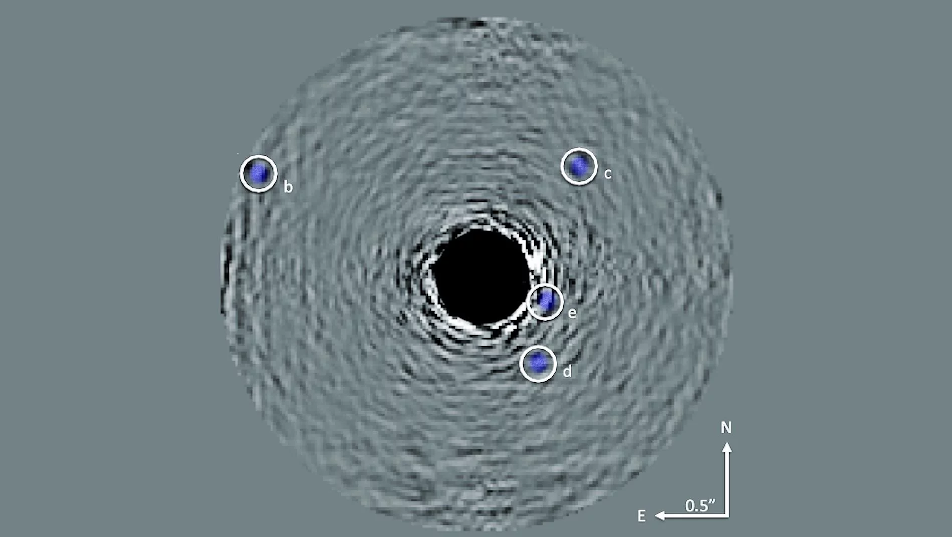 Project 1640 image of the four exoplanets orbiting HR 8977. The image has been enhanced for clarity (Photo: American Museum of Natural History)