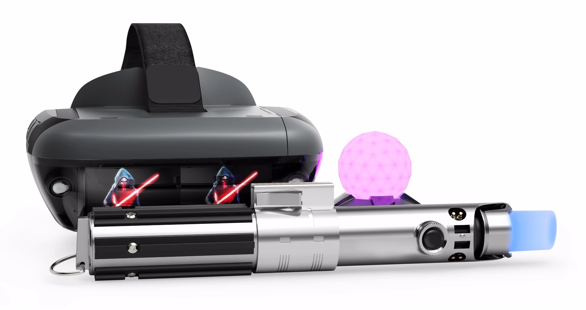 Star Wars: Jedi Challenges includes the Lenovo Mirage AR headset, a lightsaber controller, and a tracking beacon that sits on the floor