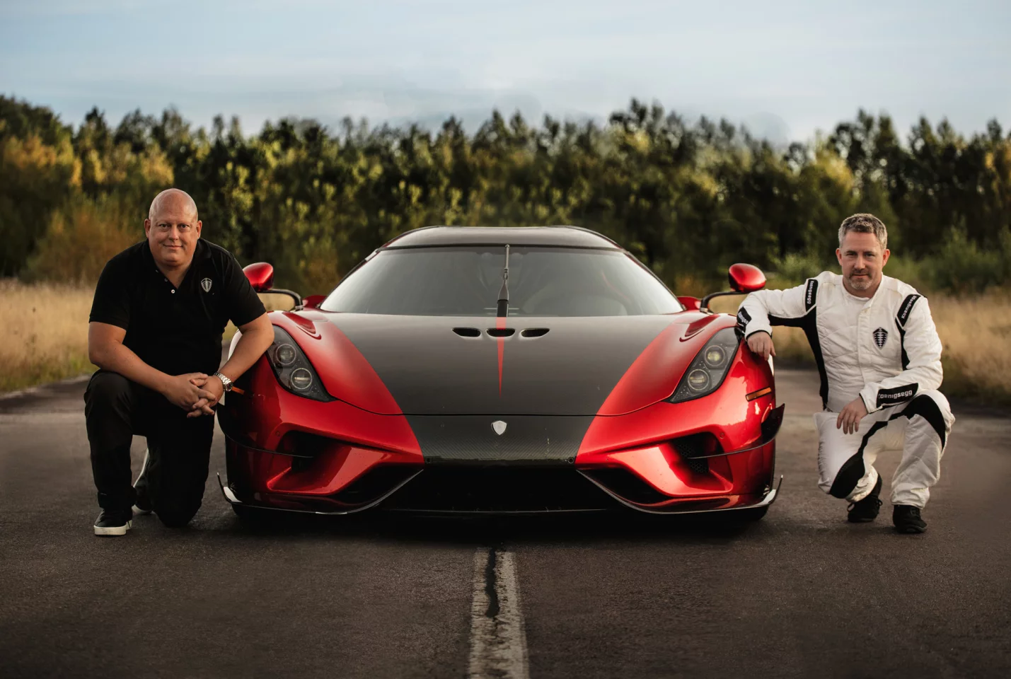 Christian Koenigsegg, left, with the Regera, center, and driver Sony Persson, right