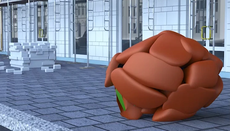 In this rendering, the i Gel protects someone falling off a building by pushing him into a ball and inflating airbags all around him