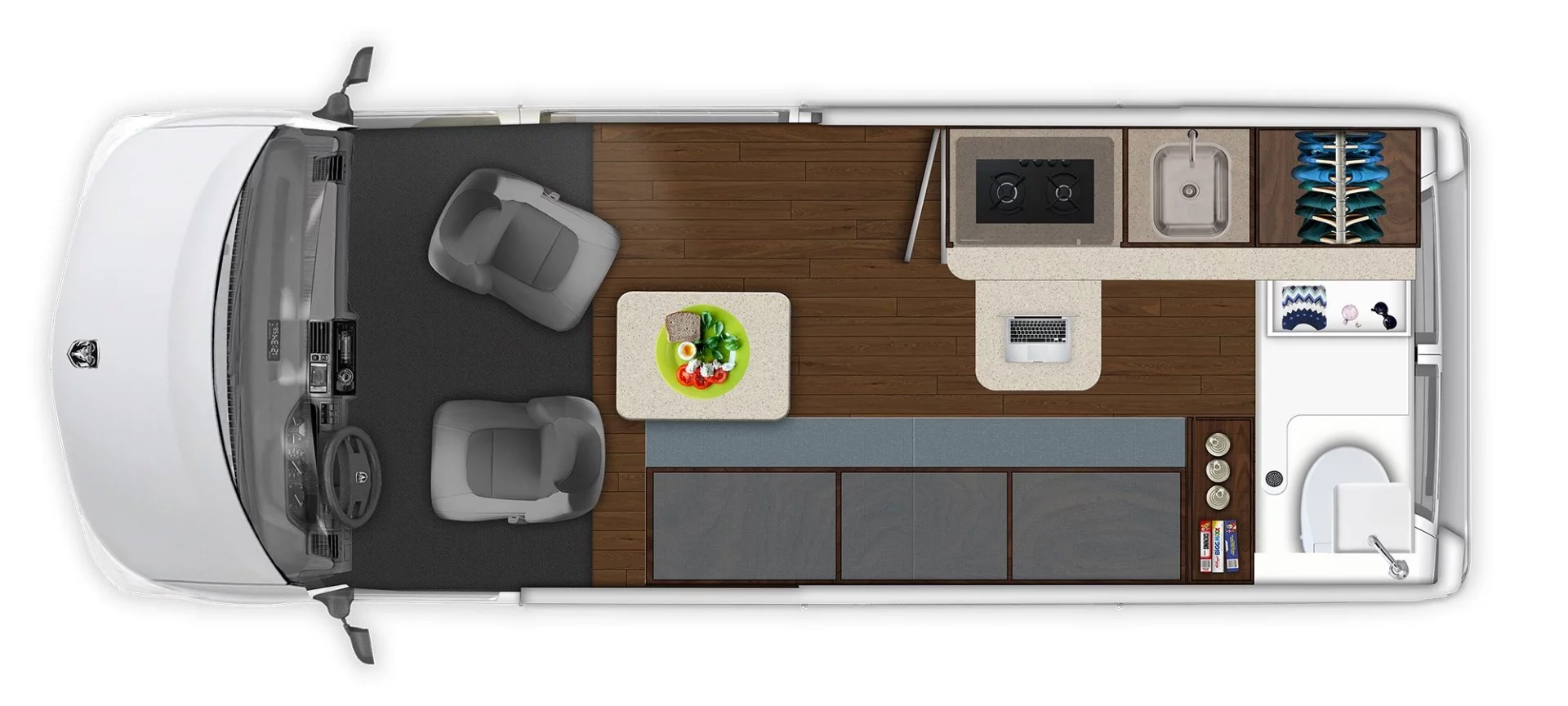 The table can mount in front of the sofa or between the cab seats, and a pop-up computer desk creates a work station farther back on the couch