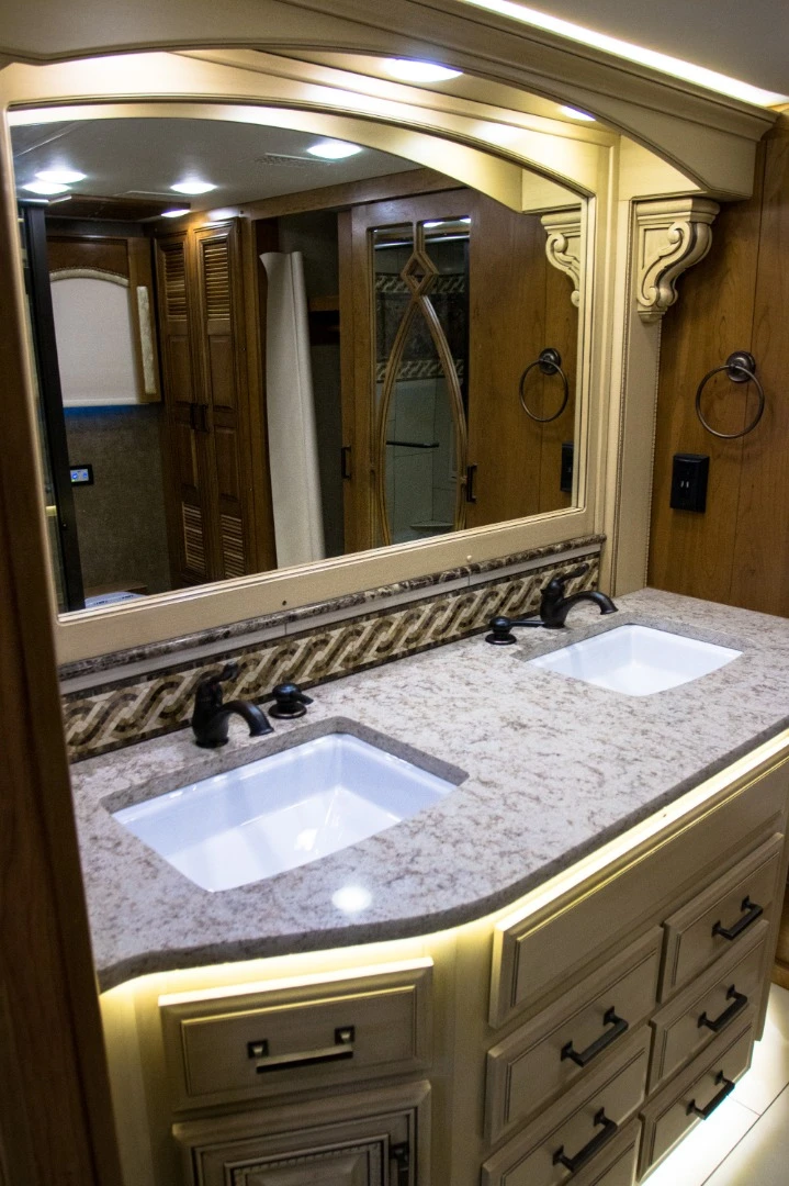 Hotel on wheels - the Entegra Cornerstone features a double vanity