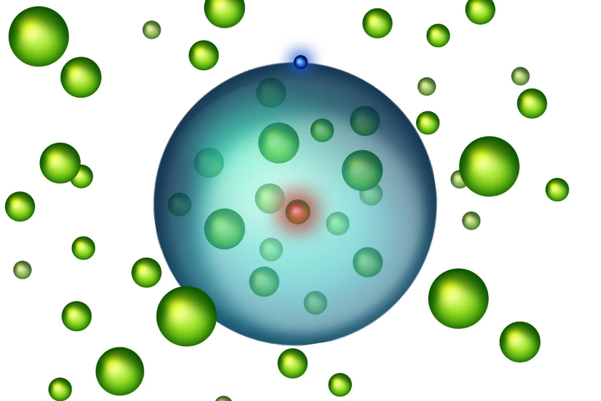 An excited electron (blue) orbits the nucleus (red) of an atom at such a wide distance that other atoms (green) can fit inside it, creating a new state of matter known as Rydberg polarons