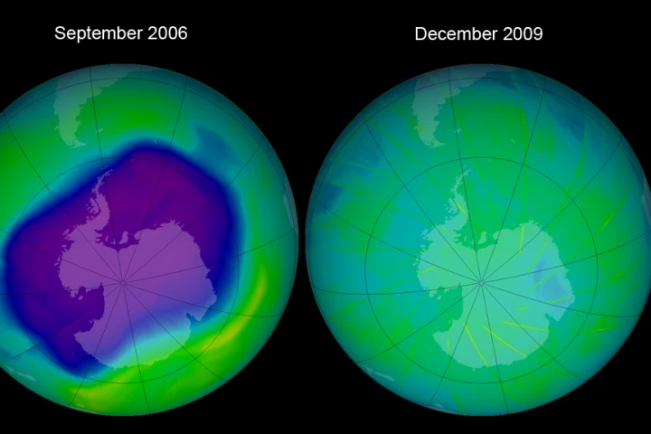 Total Ozone Mapping Spectrometer (TOMS) image of the largest ozone hole ever observed in September 2006 (left) and the ozone layer as it appeared in December 2009