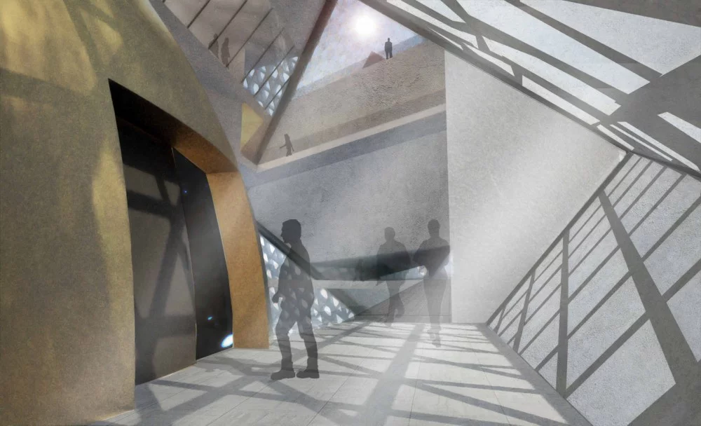 The structure's interior boasts a multi-level space that is connected through a central point (image: OODA)