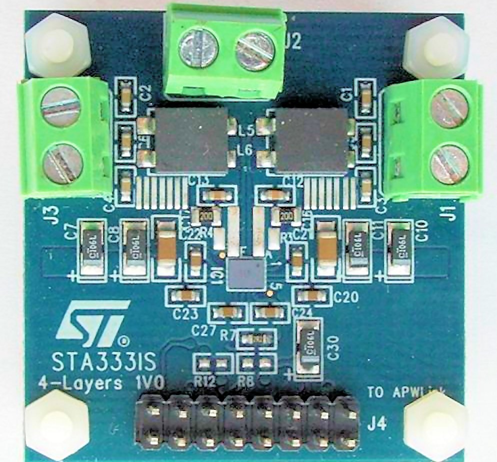 An evaluation board built around the STA333IS chip, showing how few extra components are required to make a functioning amplifier (Photo: STMicrosystems)