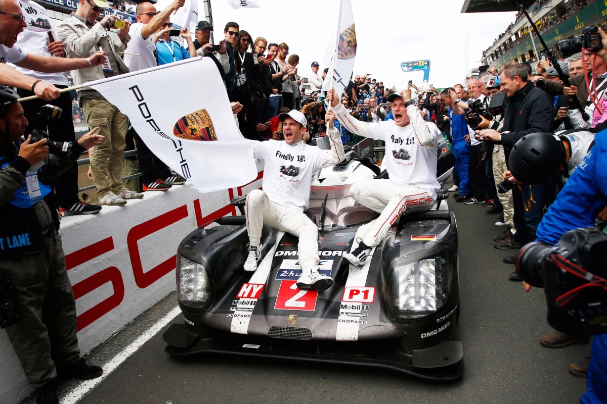 Victory celebrations for Porsche at Le Mans