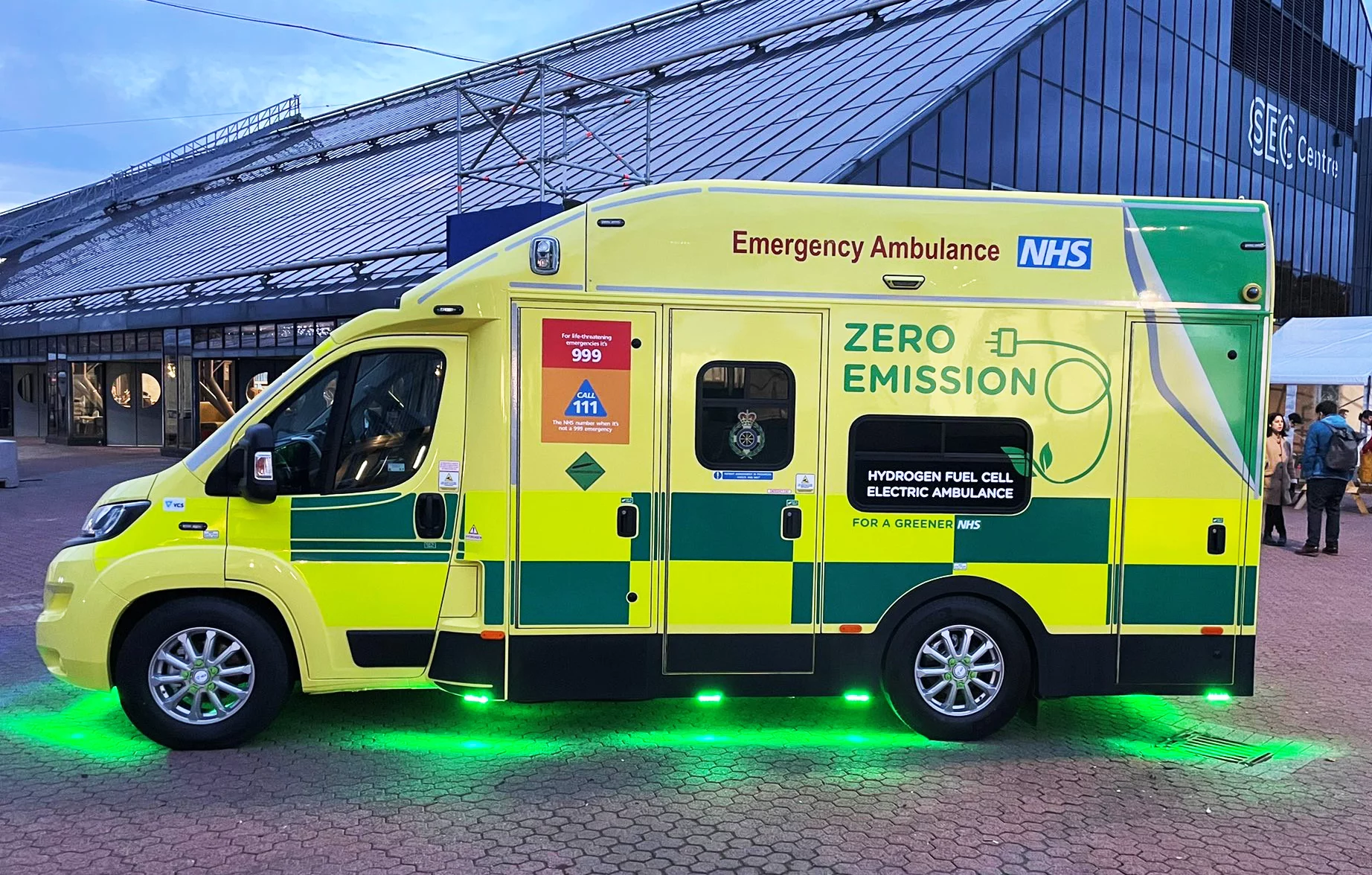 The Zero Emission Rapid Response Operations (ZERRO) ambulance prototype on display at the GreenerNHS stand at the UN COP26 summit in Glasgow, Scotland