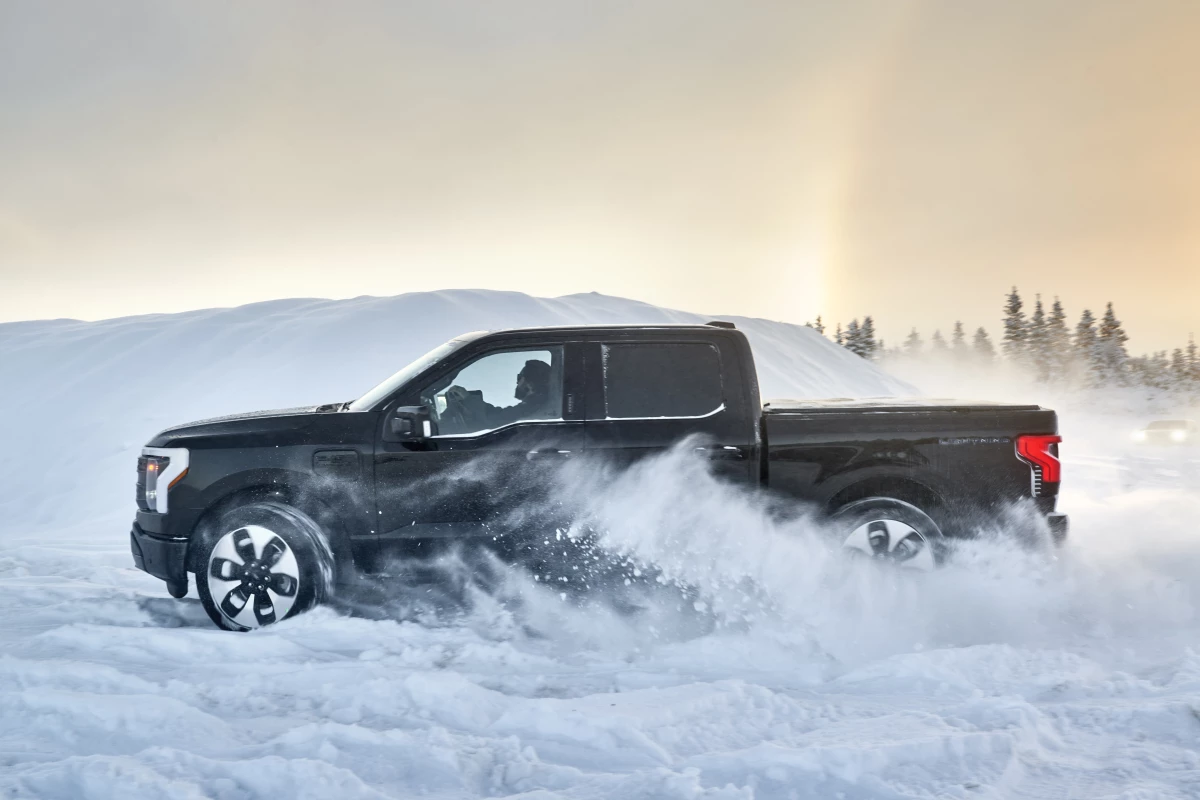 A pre-production 2022 Ford F-150 Lightning does a little cold-weather driving