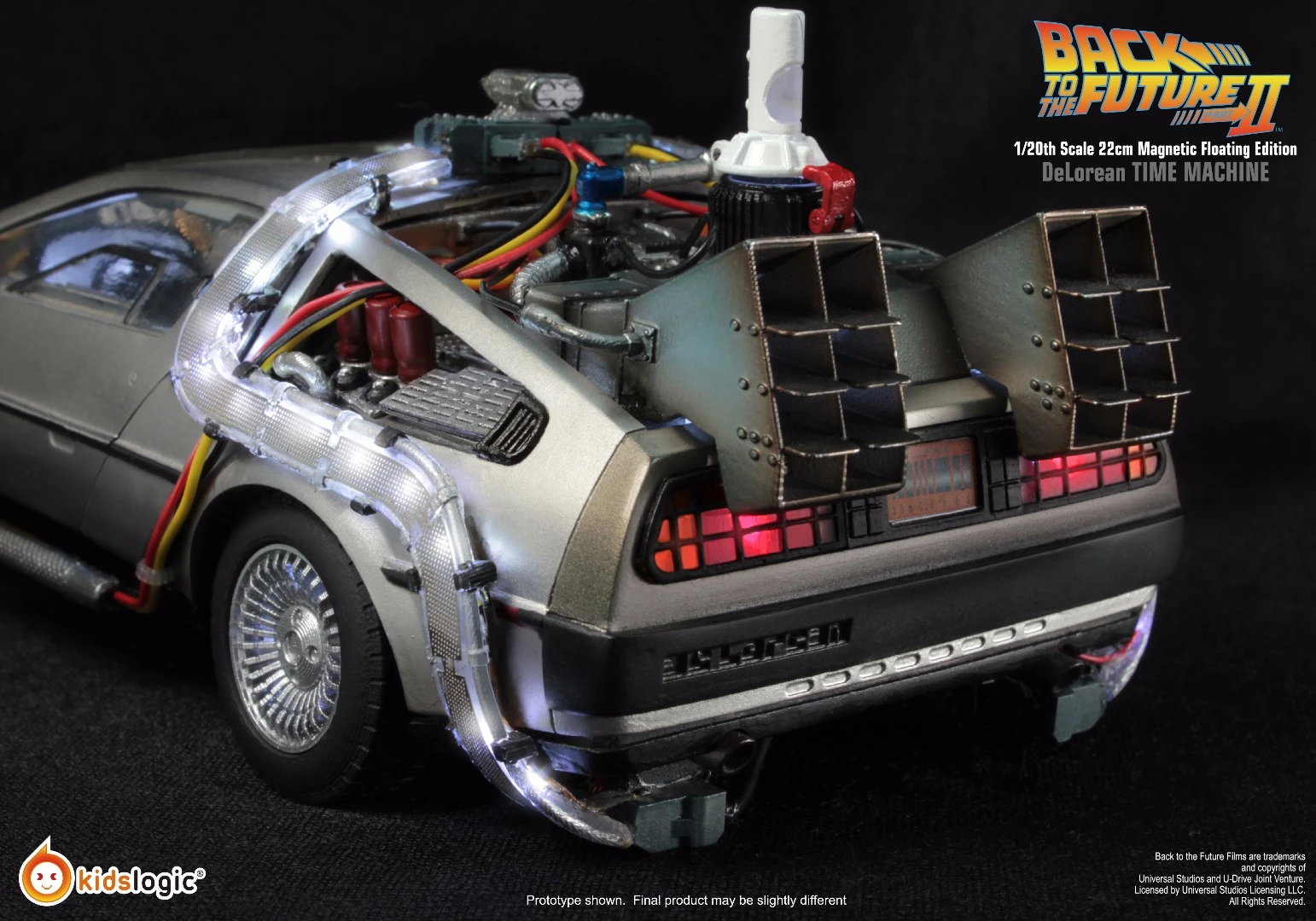 A rear view of the scale model replica of the Back the the Future II hovering DeLorean