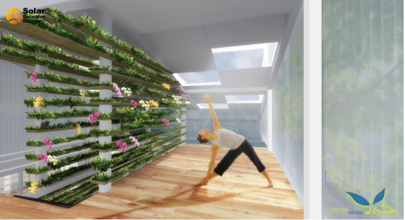 The "Green Core" is walled with vegetation to assist with cooling in the summer and encloses a staircase leading up to a mezzanine